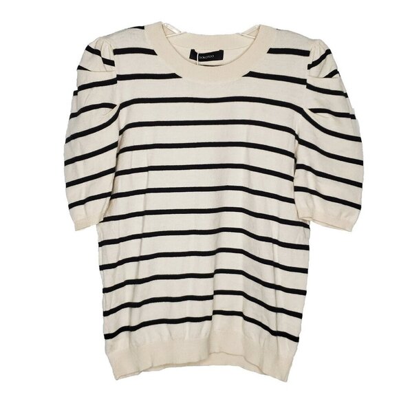 Dokotoo Striped Sweater Sz L Cream Ivory Black Short Puff Sleeve Preppy - Picture 1 of 5